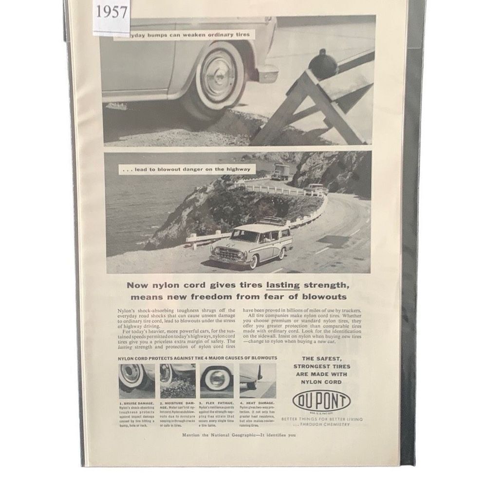 Vintage 1957 DuPont Safest Strongest Tires Ad Advertisment